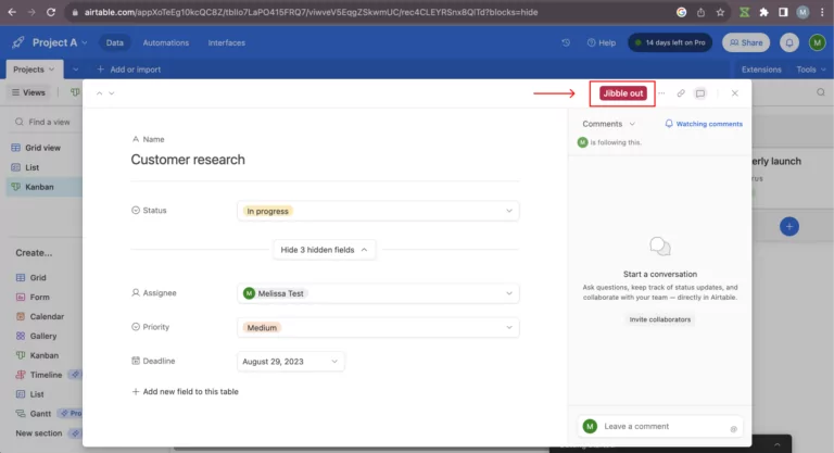 Registrando saída pelo botão de Sair pelo Jibble no Airtable