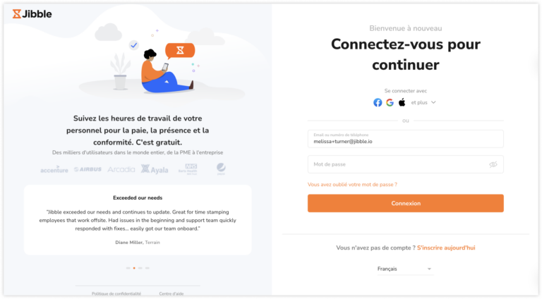 Login screen on the web app translated to French