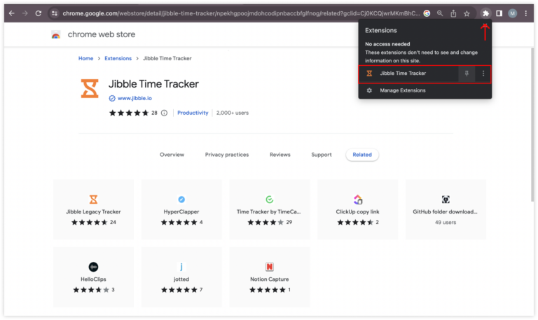 Pinning Jibble time tracking extension to chrome