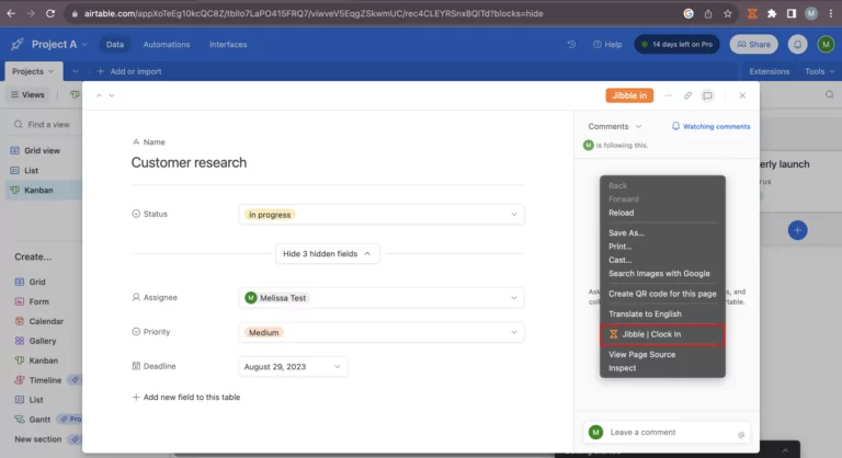 Registro de entrada no Airtable pelo botão direito