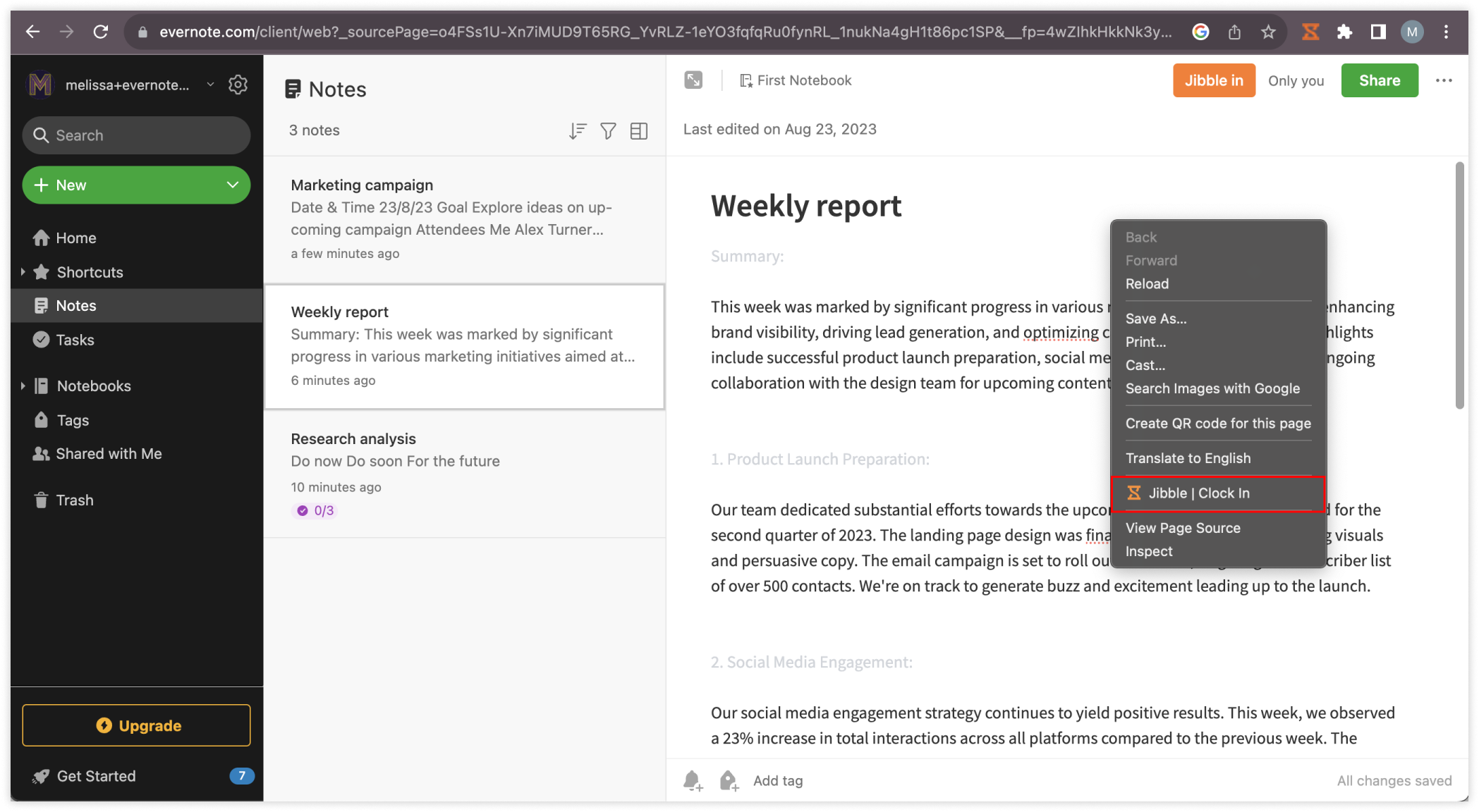 Right click clock in Evernote