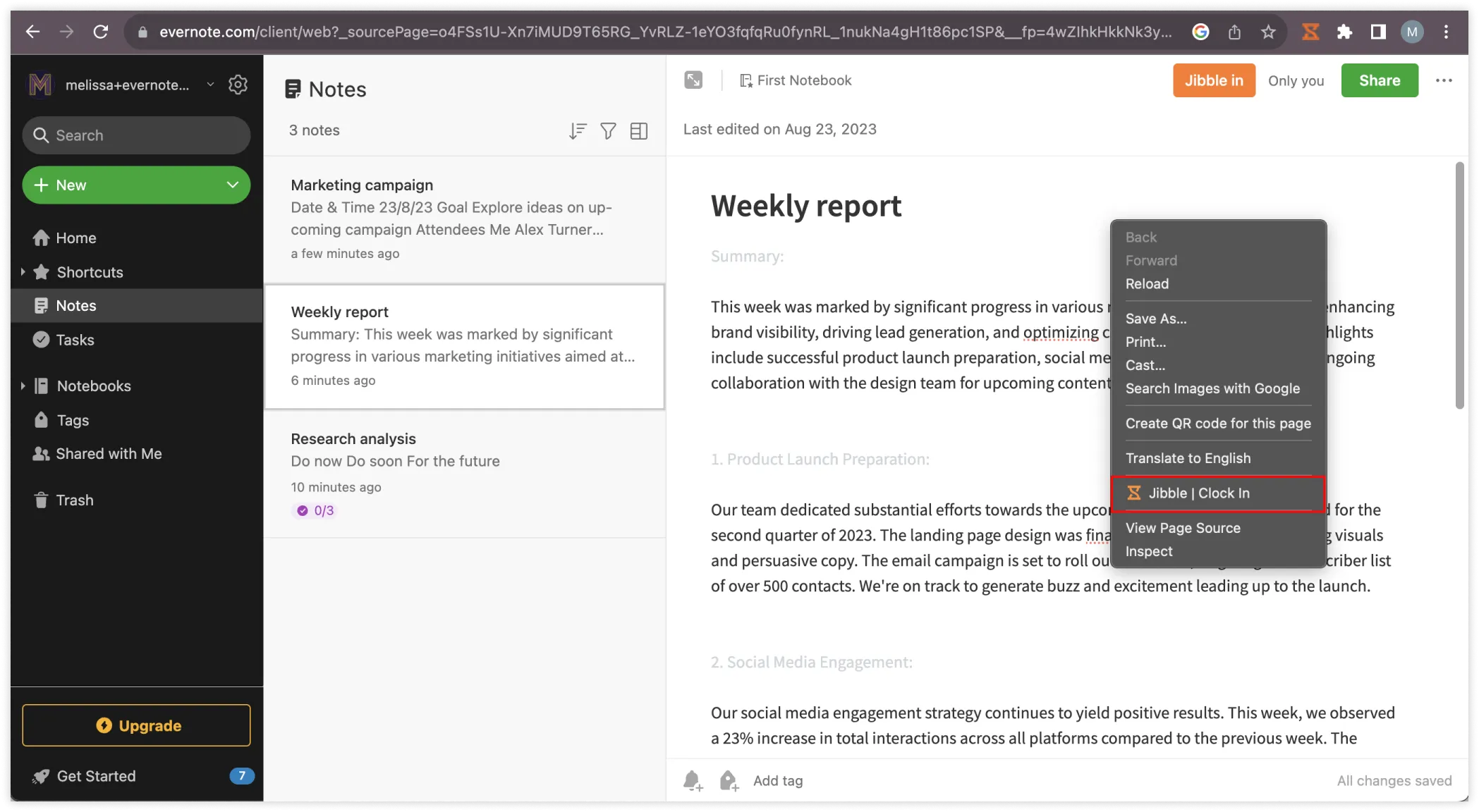 Right click clock in Evernote