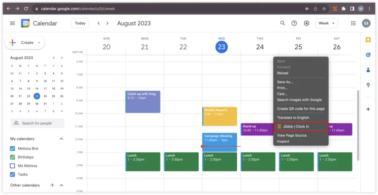 Right click clock in Google Calendar