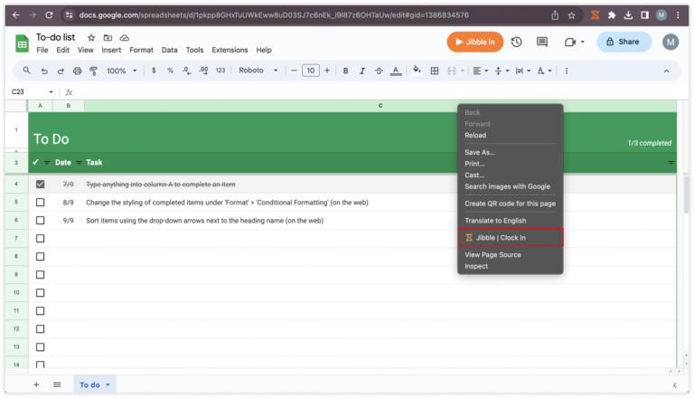 Right click to clock in Google Sheets
