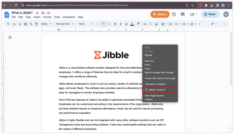 Clique com o botão direito para registrar entrada no Documentos Google