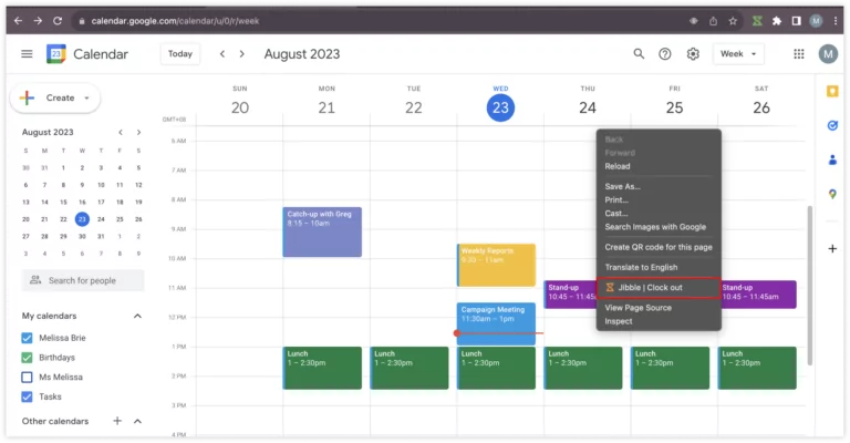 Right click clock out Google Calendar