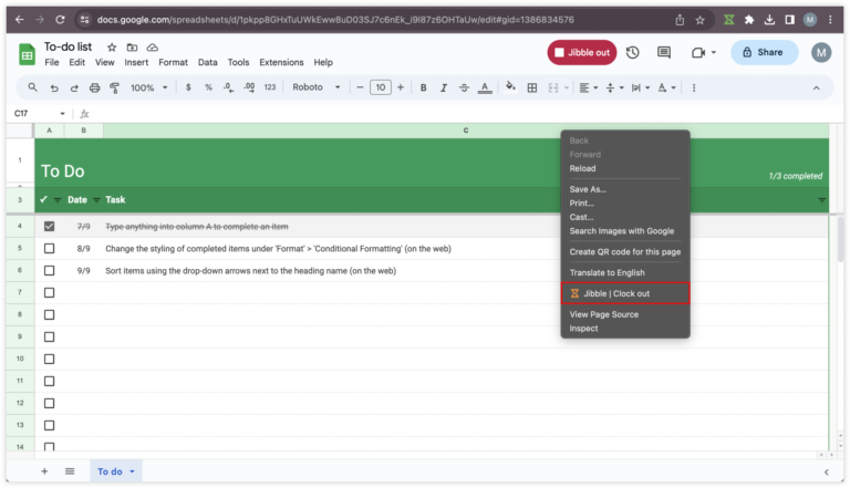 Right click to clock out Google Sheets