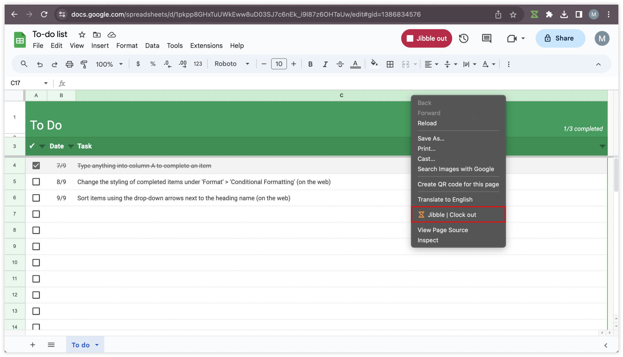 Right click to clock out Google Sheets
