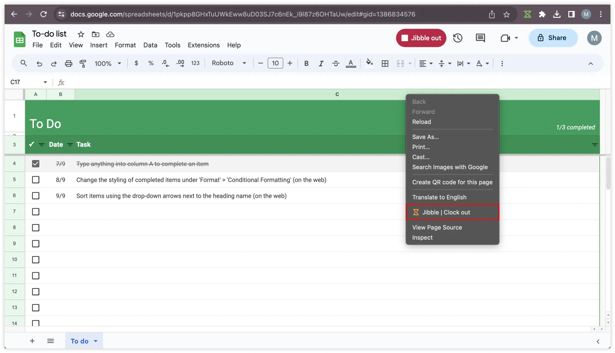 Right click to clock out Google Sheets