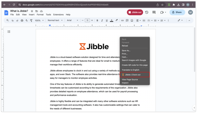 Clique com o botão direito para registrar saída no Documentos Google