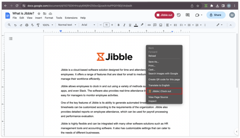 Right click to clock out Google Docs