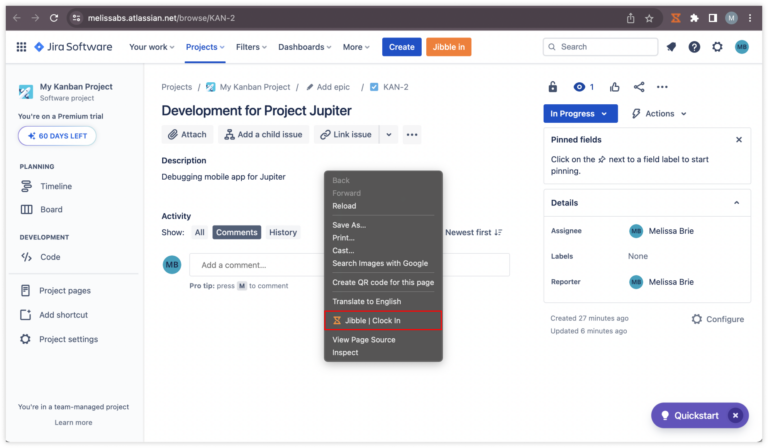 Right click to clock in Jira