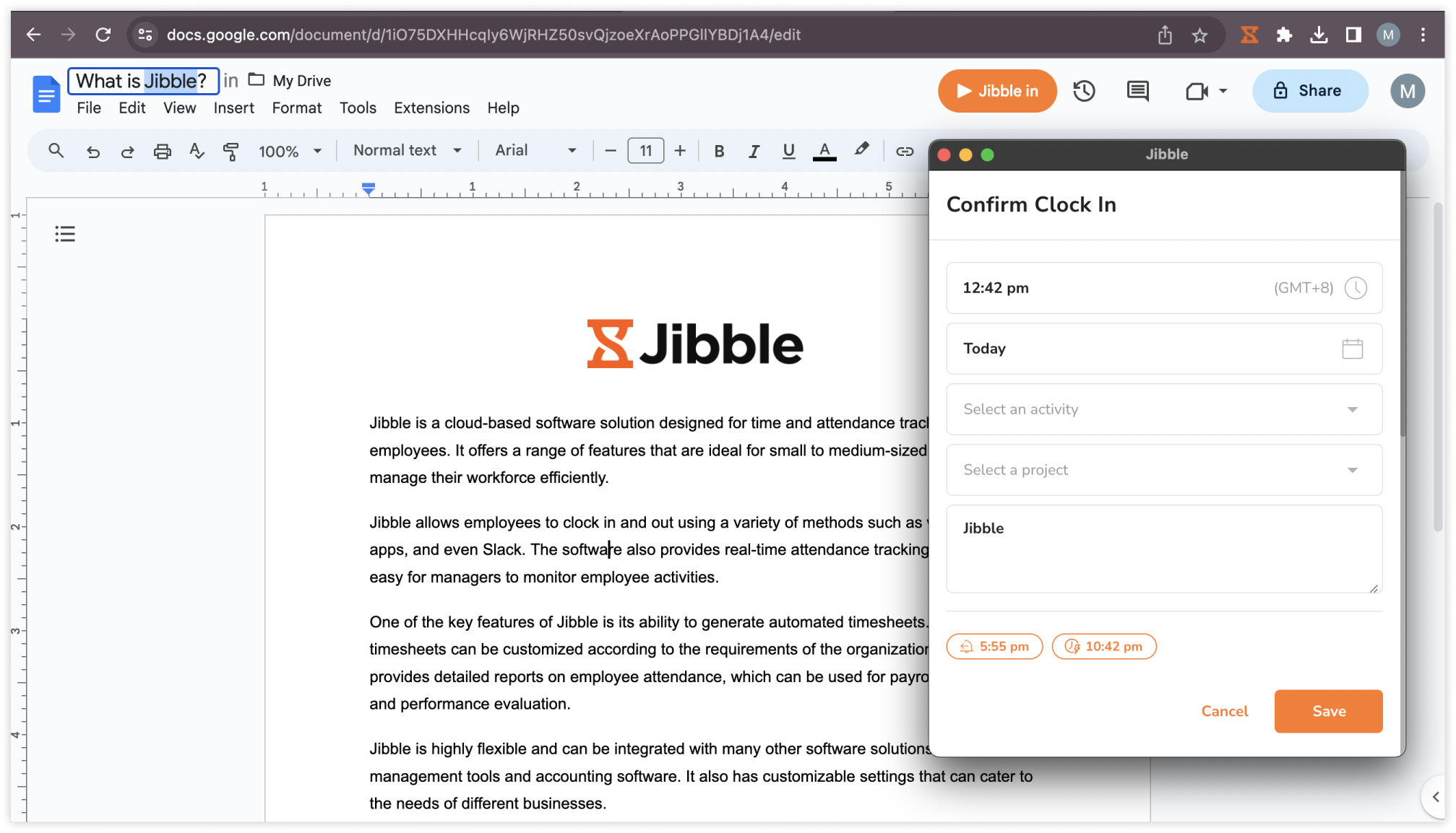 Clocking in Google Docs via chrome extension with notes 