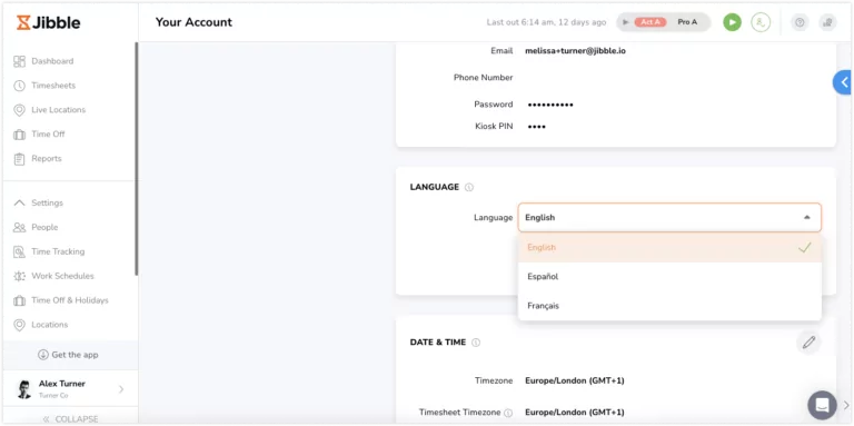 Selecting language on account settings