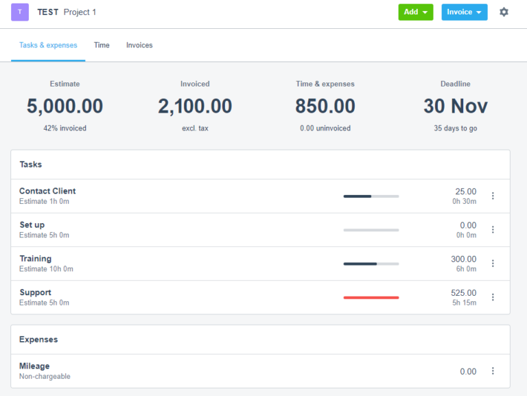 Screenshot of the Xero Projects Tasks & Expenses tab