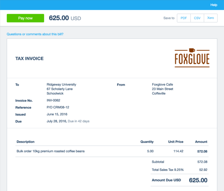 Screenshot of a sample Xero Projects invoice