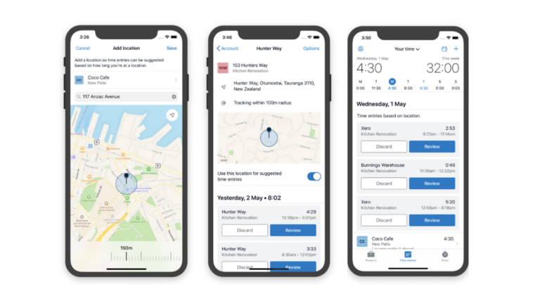 A composite image showing three smartphone screens with screenshots of the Xero Projects time tracker mobile version.