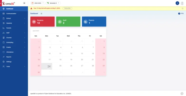 openSIS dashboard