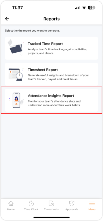 Accessing attendance insights reports on the mobile app