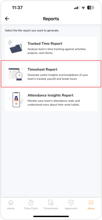 Accessing timesheet reports on the mobile app