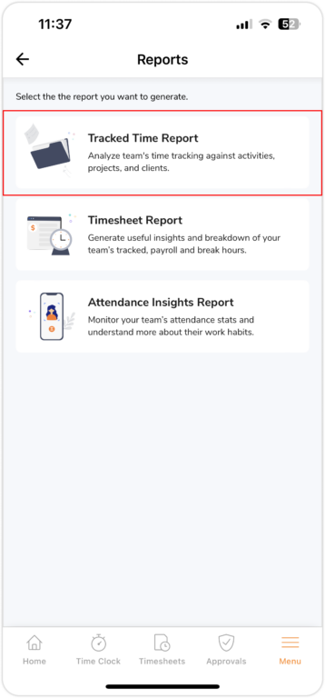 Accessing tracked time reports on the mobile app