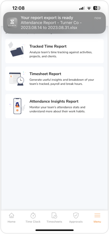  Relatório de insights de presença exportado via aplicativo móvel