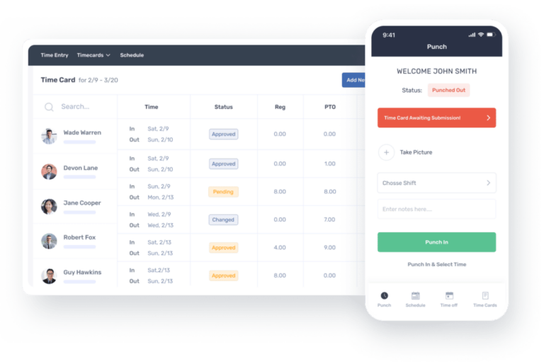 BuddyPunch time card on web app + check in on mobile