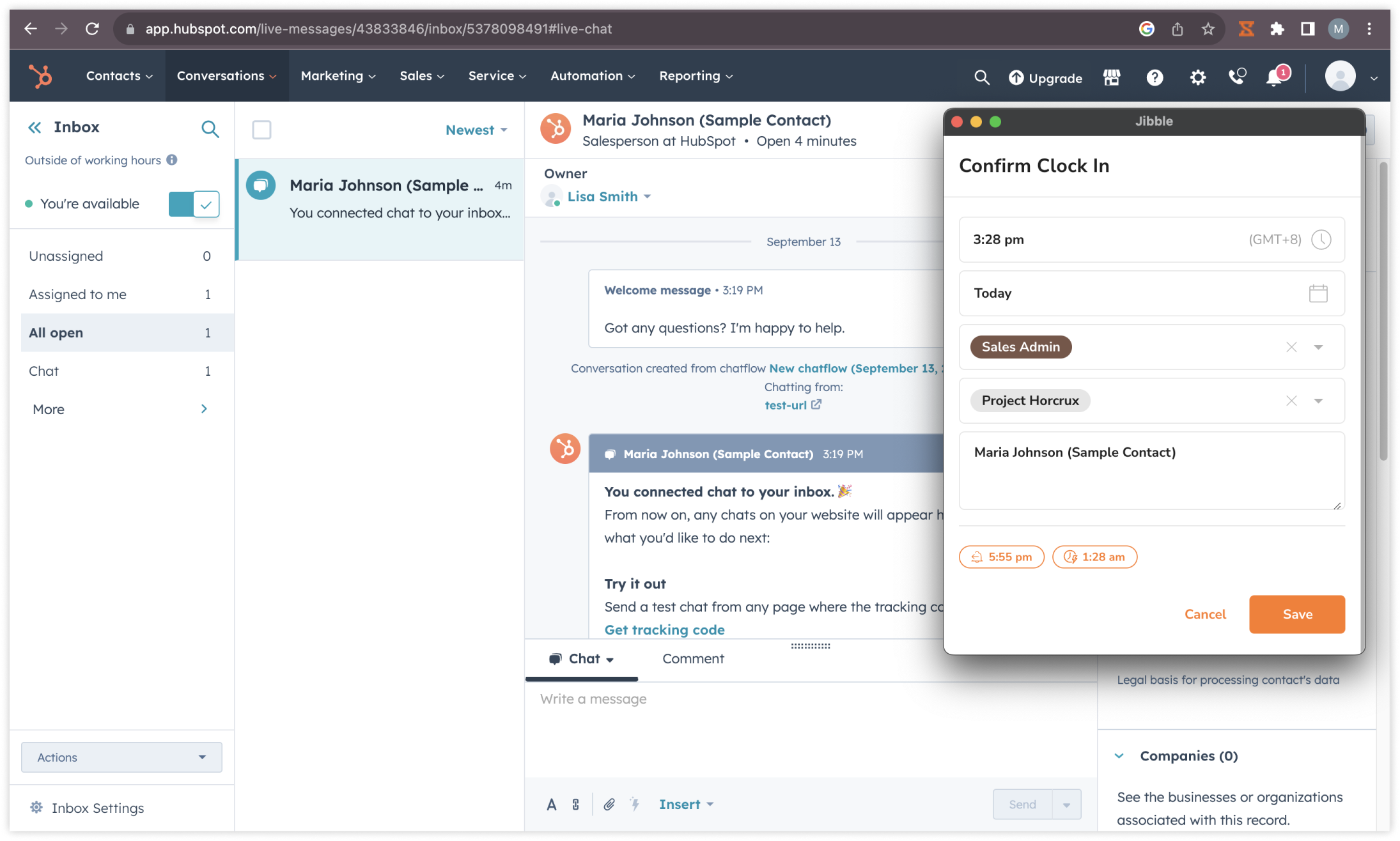 Clocking in directly in HubSpot