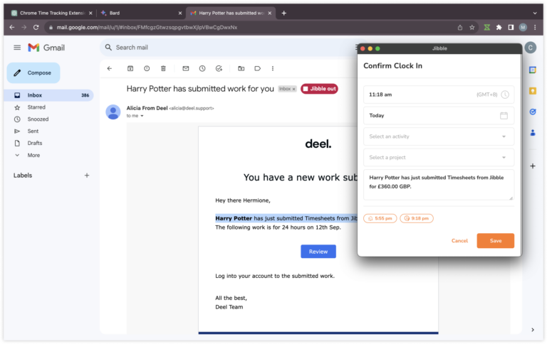 Clocking in with automatic notes in Gmail