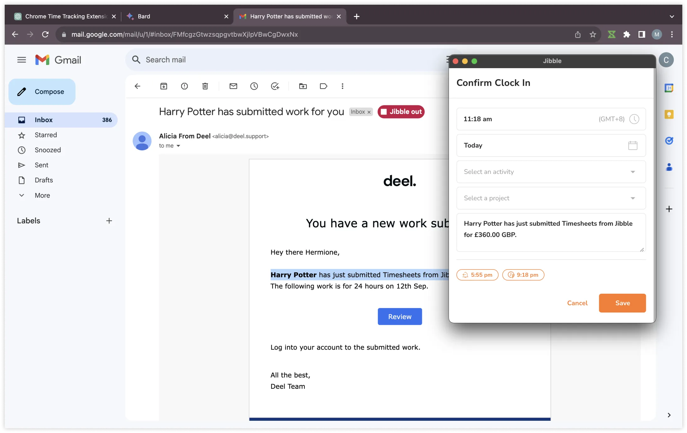 Clocking in with automatic notes in Gmail