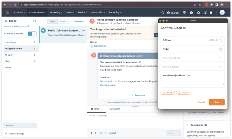 Clocking in with automatic notes in HubSpot