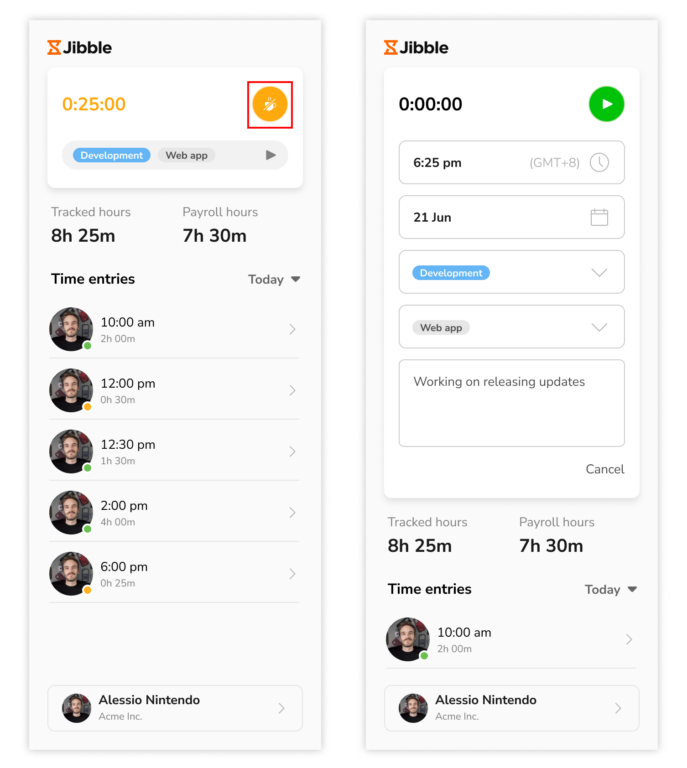 Ending breaks using Jibble's desktop time tracker