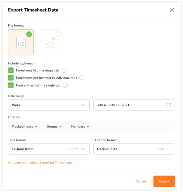 Exporting timesheet reports on the web app