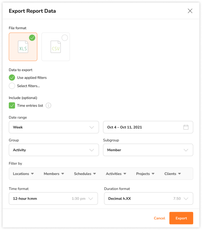 Exporting tracked time reports on the web app