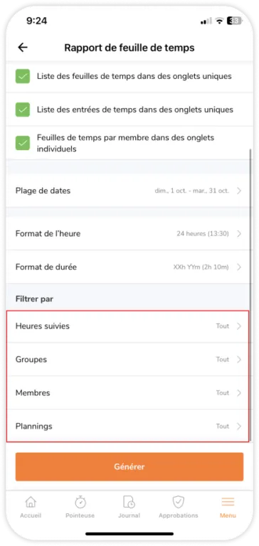 Selecting filters for timesheet reports