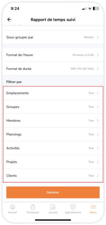 Selecting filters for tracked time reports