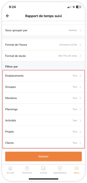 Selecting filters for tracked time reports