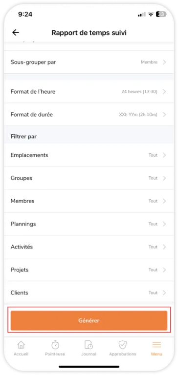 Generating tracked time reports via the mobile app