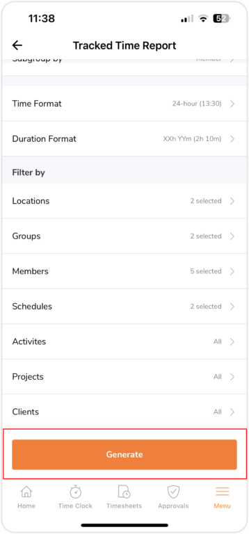 Generating tracked time reports via the mobile app