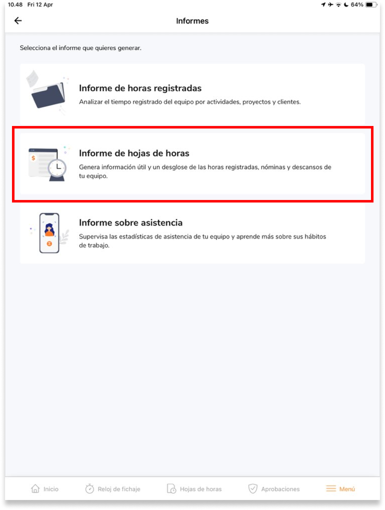 Haz clic en Informe de hoja de horas