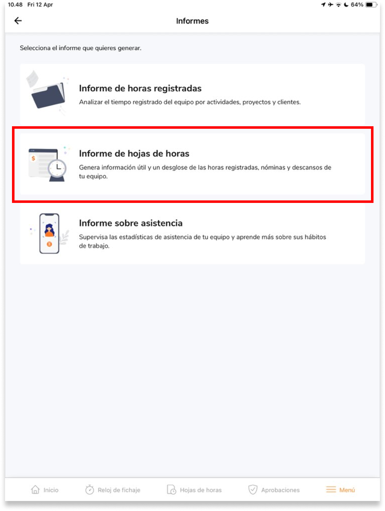 Haz clic en Informe de hoja de horas