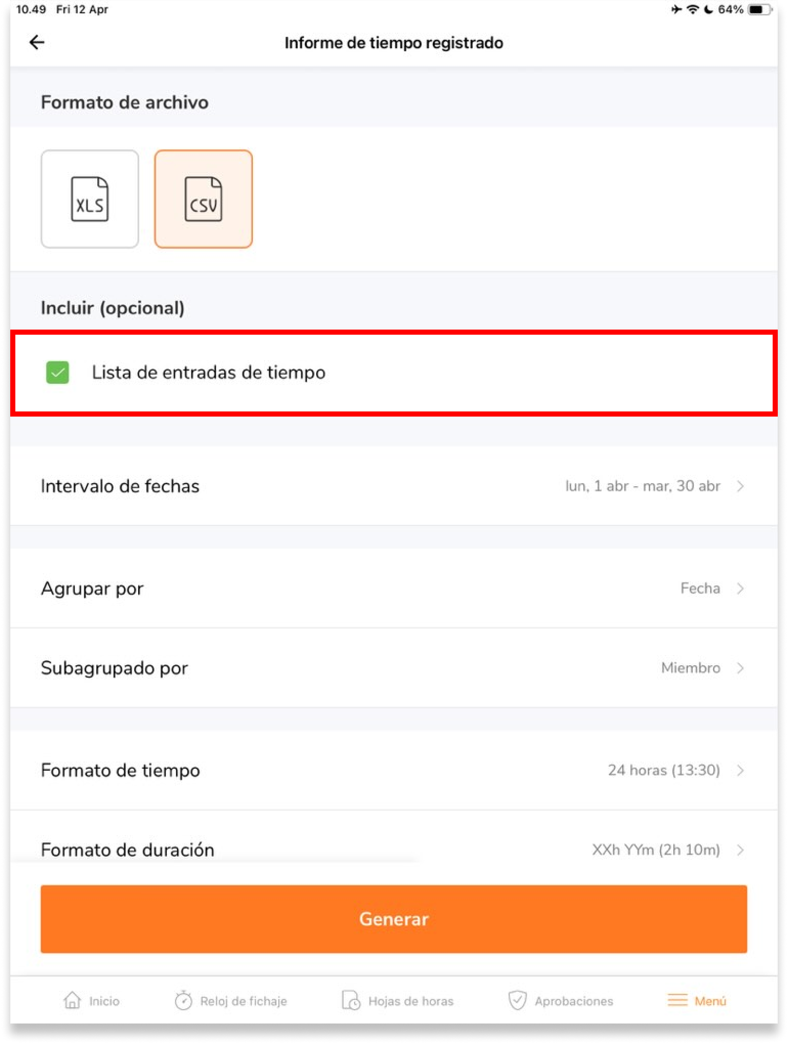 Haz clic la casilla "Lista de entradas de tiempo" para exportar las entradas de tiempo sin procesar como un archivo adicional.