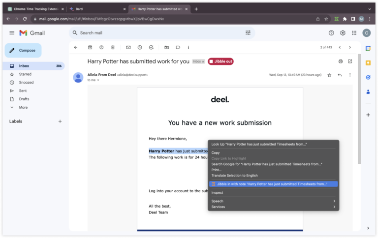 Highlight text to clock in with notes in Gmail