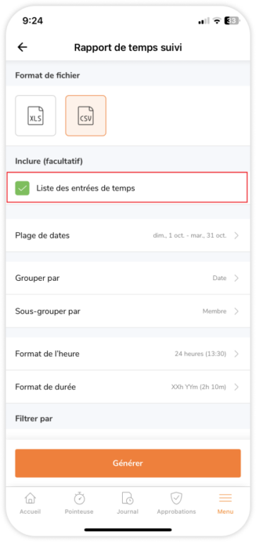 Selecting optional files to download for tracked time reports