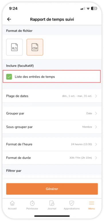 Selecting optional files to download for tracked time reports