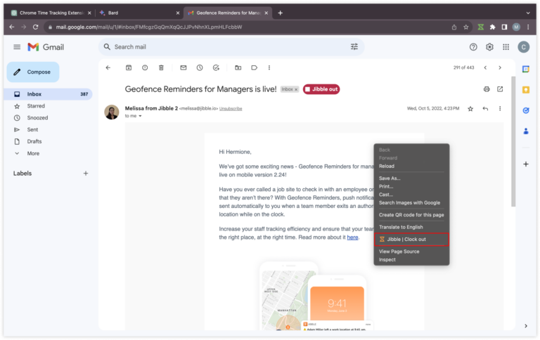 Right click clock out Gmail