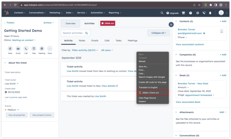 Right click clock out HubSpot