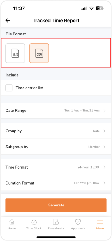 Selecting a file format for tracked time reports