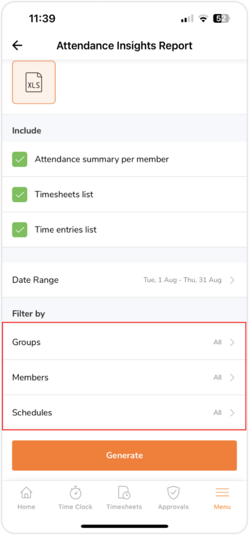 Selecting filters for attendance insights reports