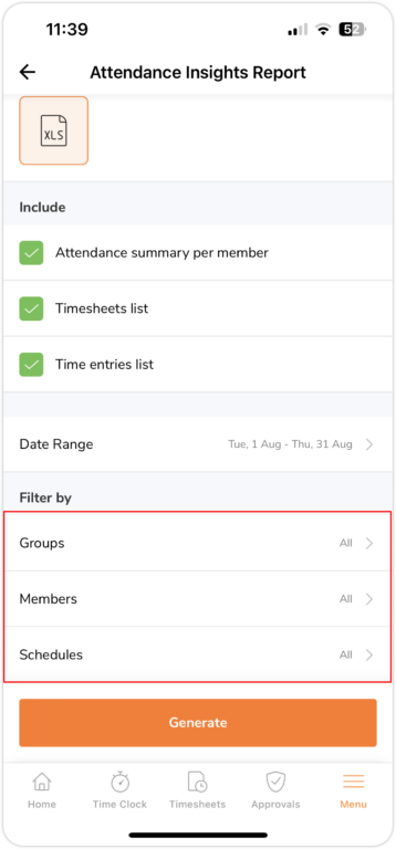 Selecionando filtros para relatórios de insights de presença